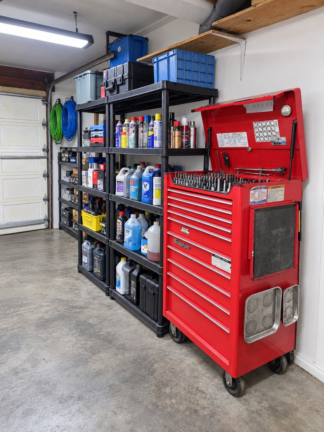 Snap-on tool chest and stocked shelves of fluids and parts in the shop