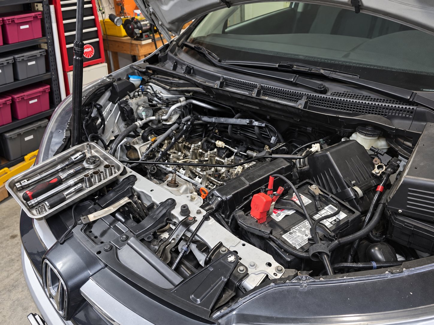 Engine bay opened up with a socket set laid out for a general repair